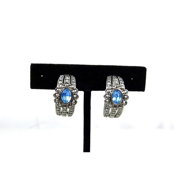 Vtg Avon Romantic Treasures Faux Marcasite Blue Stone Half Hoop Pierced Earrings - Picture 1 of 8